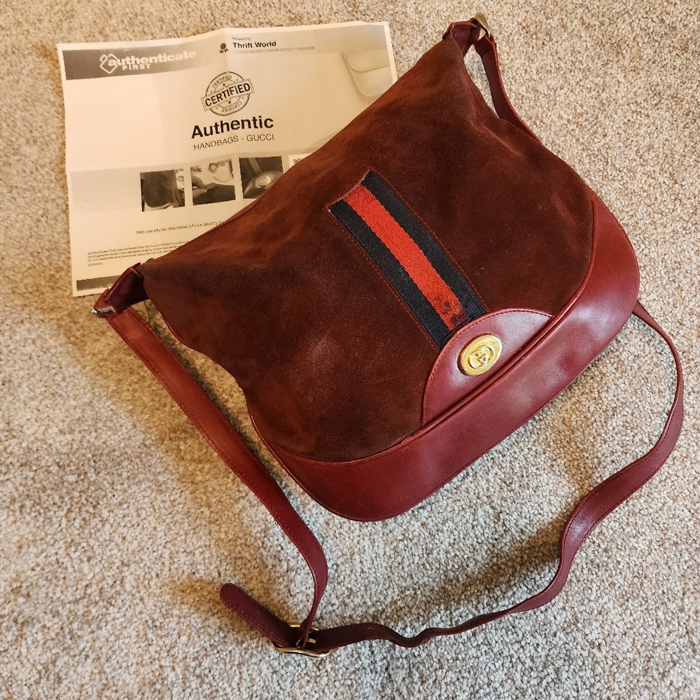 Vintage Gucci Crossbody Bag Purse Maroon Genuine Leather Suede W COA